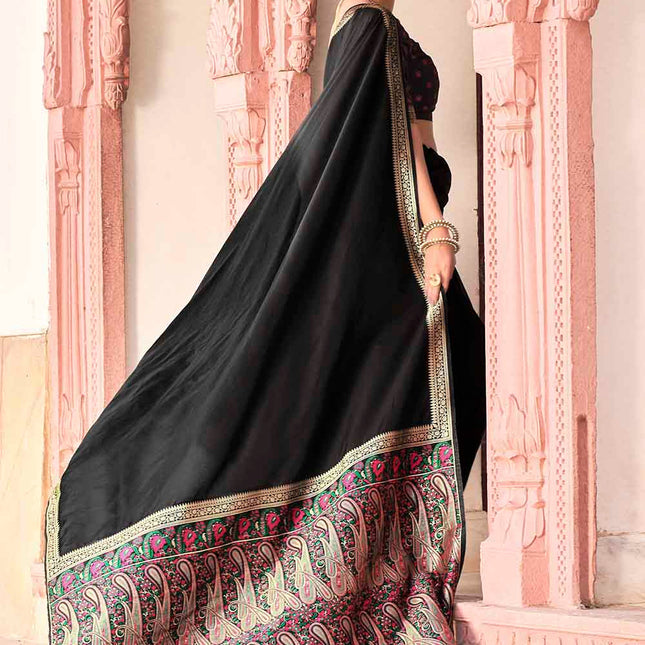 Night Black Woven Banarasi Silk Saree with Motifs Pallu