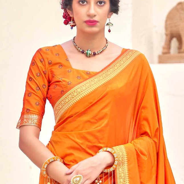 Tangerine Orange Woven Banarasi Silk Saree with Motifs Pallu