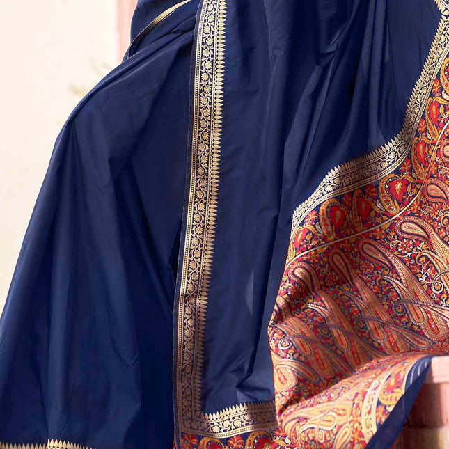 Navy Blue Woven Banarasi Silk Saree with Paisley Motifs Pallu