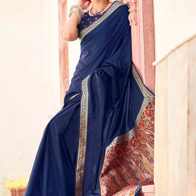 Navy Blue Woven Banarasi Silk Saree with Paisley Motifs Pallu