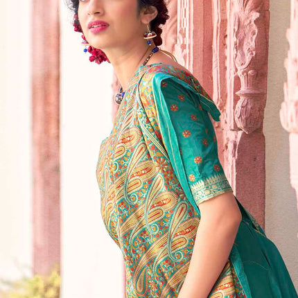 Coral Blue Woven Banarasi Silk Saree with Paisley Motifs Pallu