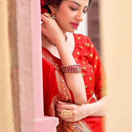 Apple Red Woven Banarasi Silk Saree with Paisley Motifs Pallu