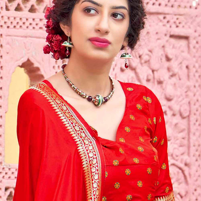 Apple Red Woven Banarasi Silk Saree with Paisley Motifs Pallu