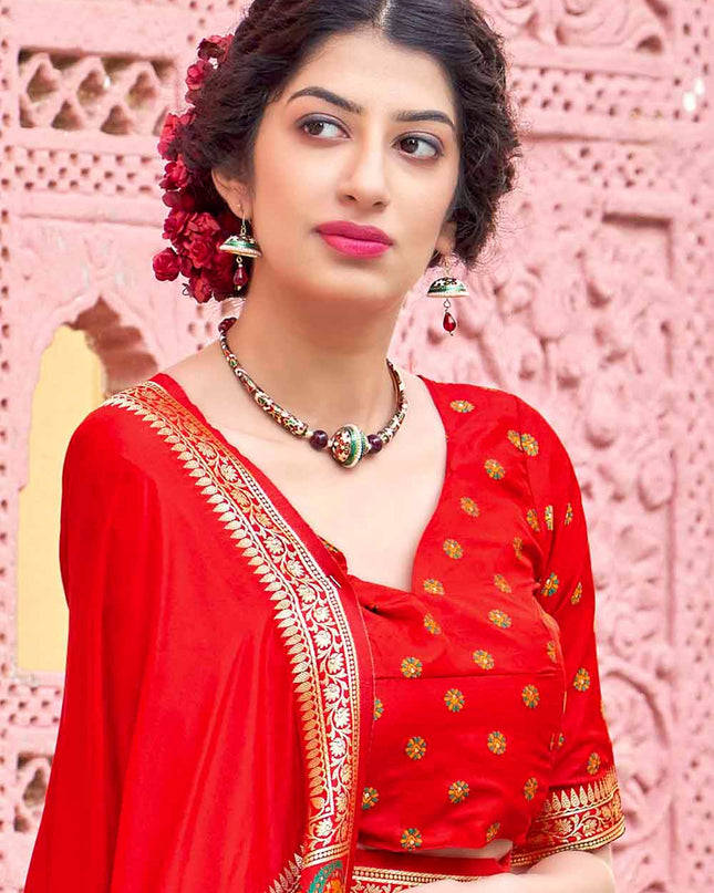 Apple Red Woven Banarasi Silk Saree with Paisley Motifs Pallu