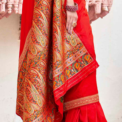 Apple Red Woven Banarasi Silk Saree with Paisley Motifs Pallu