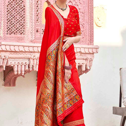 Apple Red Woven Banarasi Silk Saree with Paisley Motifs Pallu
