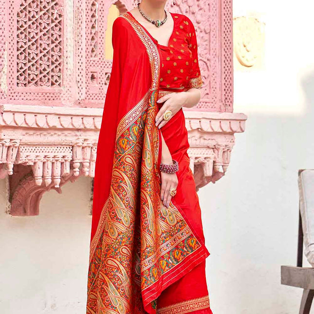 Apple Red Woven Banarasi Silk Saree with Paisley Motifs Pallu
