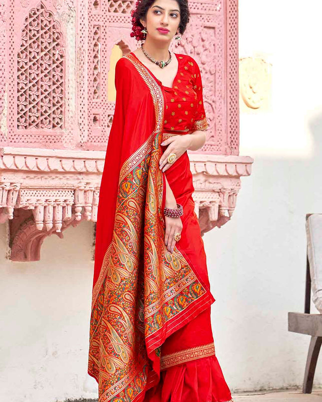 Apple Red Woven Banarasi Silk Saree with Paisley Motifs Pallu