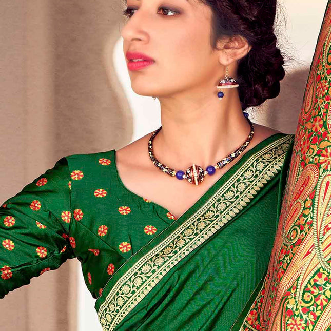 Juniper Green Woven Banarasi Silk Saree with Paisley Motifs Pallu