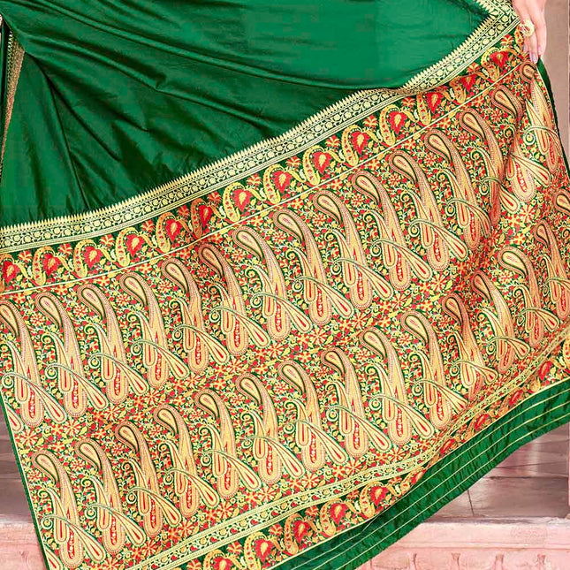 Juniper Green Woven Banarasi Silk Saree with Paisley Motifs Pallu