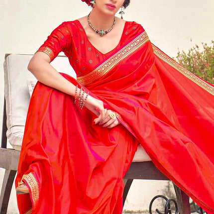 Rose Red Flowy Woven Banarasi Silk Saree with Paisley Motifs Pallu