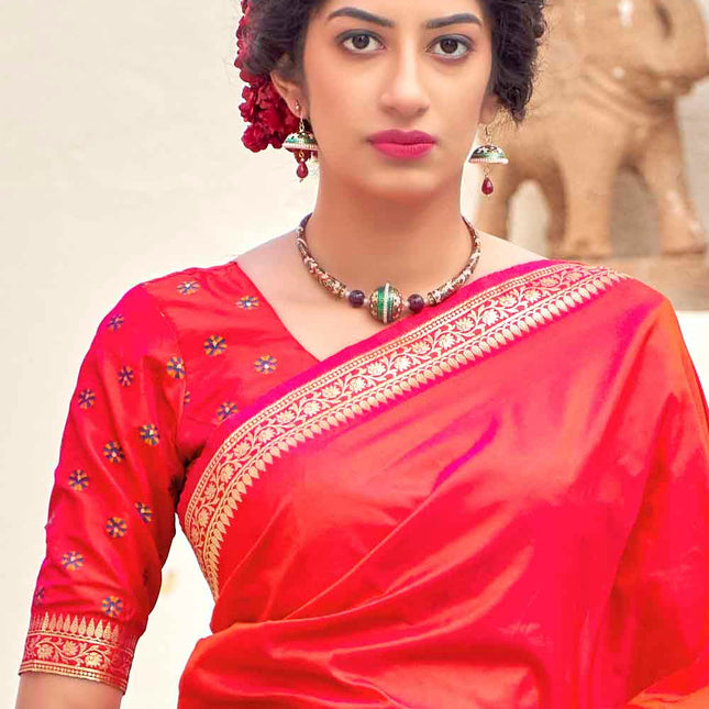 Rose Red Flowy Woven Banarasi Silk Saree with Paisley Motifs Pallu