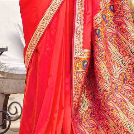 Rose Red Flowy Woven Banarasi Silk Saree with Paisley Motifs Pallu