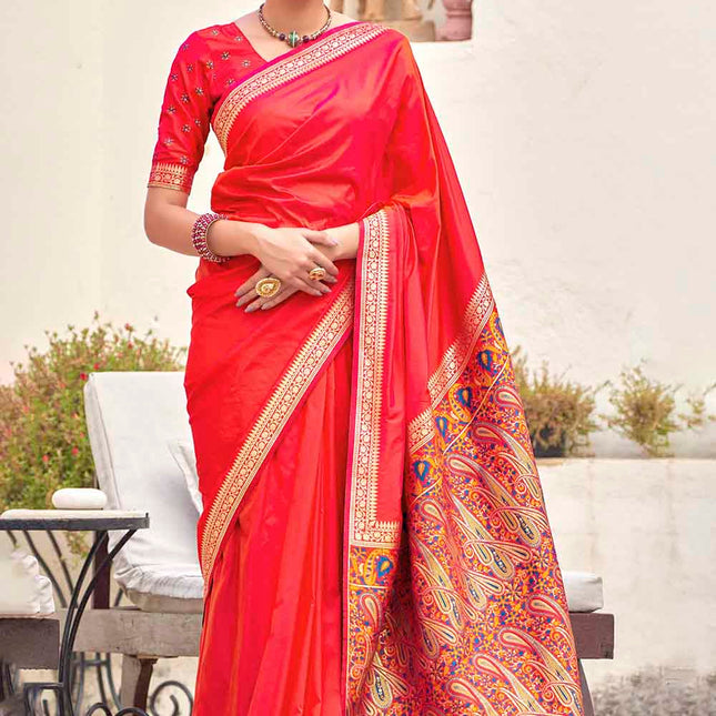 Rose Red Flowy Woven Banarasi Silk Saree with Paisley Motifs Pallu