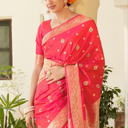 Fuscia Pink Banarasi Silk Woven Butti Artwork Saree