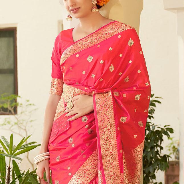 Fuscia Pink Banarasi Silk Woven Butti Artwork Saree