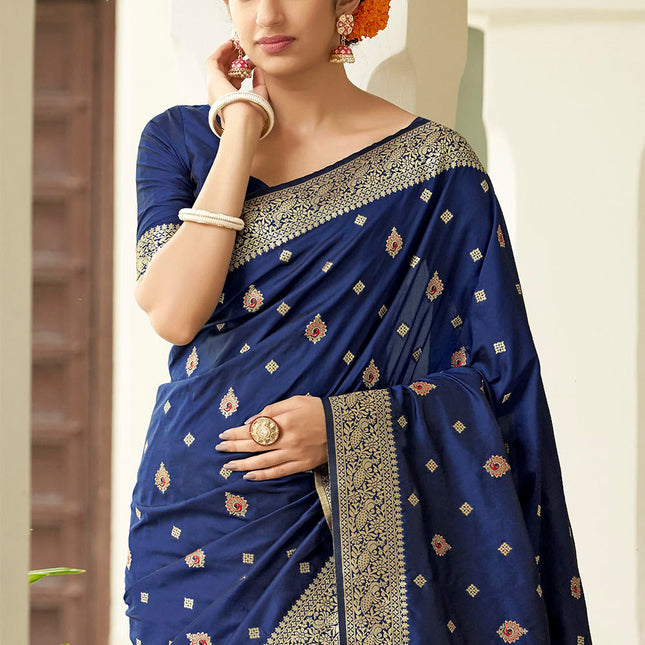 Navy Blue Banarasi Silk Woven Butti Artwork Saree