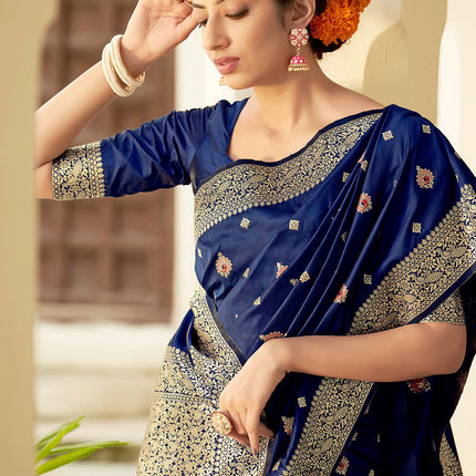 Navy Blue Banarasi Silk Woven Butti Artwork Saree
