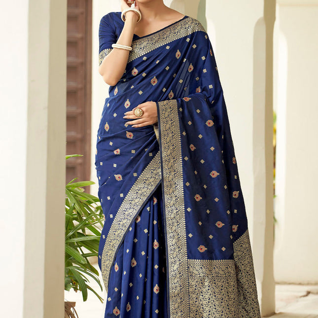 Navy Blue Banarasi Silk Woven Butti Artwork Saree