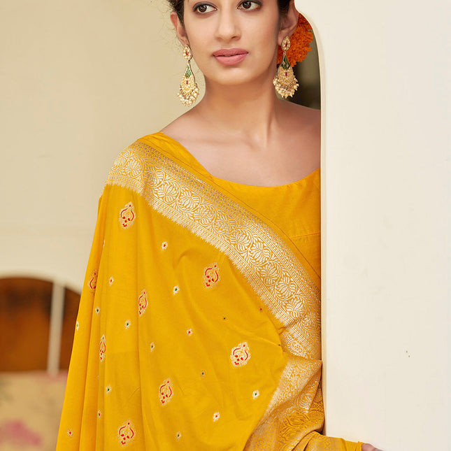 Sunny Yellow Banarasi Silk Woven Butti Artwork Saree