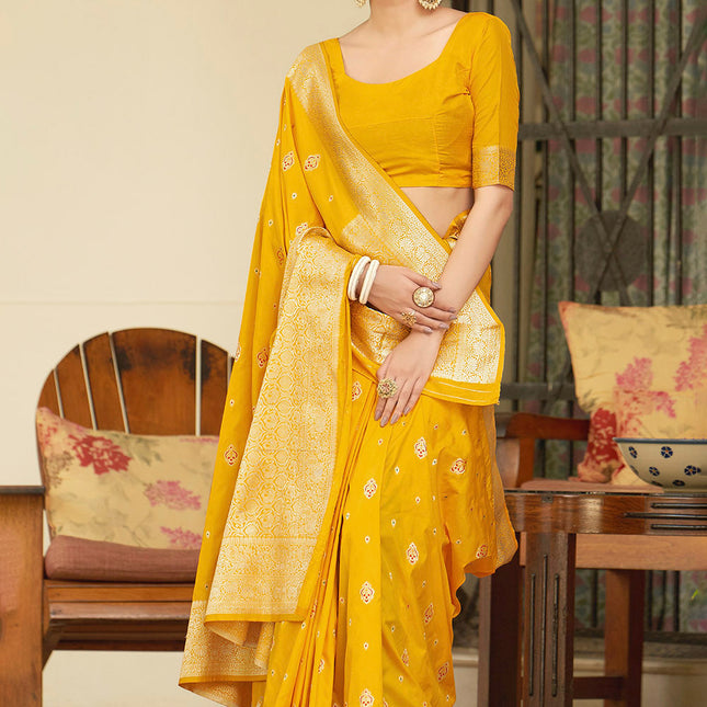 Sunny Yellow Banarasi Silk Woven Butti Artwork Saree