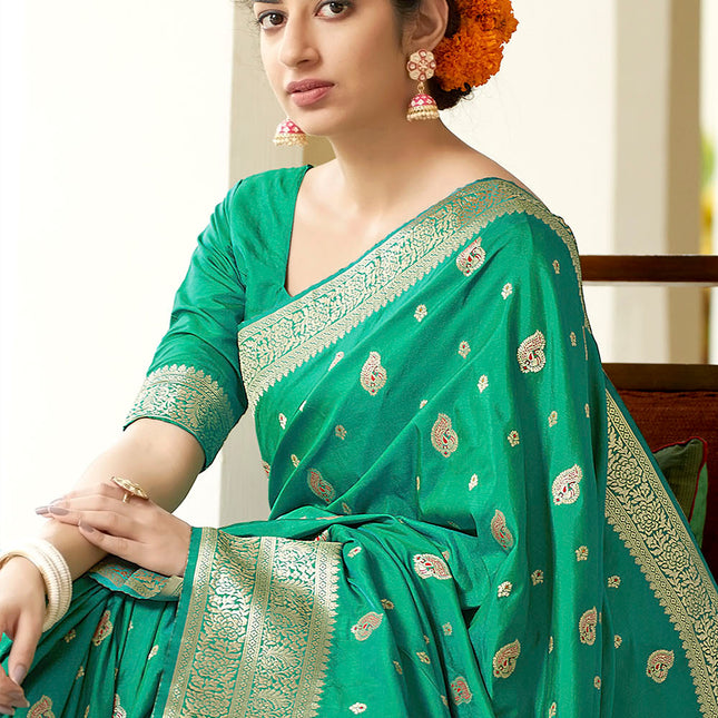 Dark Green Banarasi Silk Woven Butti Artwork Saree
