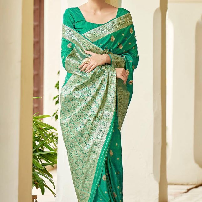 Dark Green Banarasi Silk Woven Butti Artwork Saree
