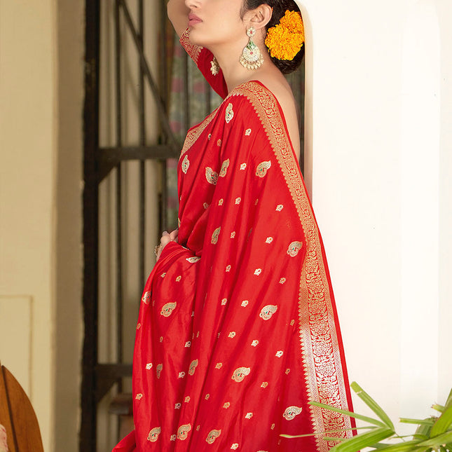 Hot Red Banarasi Silk Woven Butti Artwork Saree