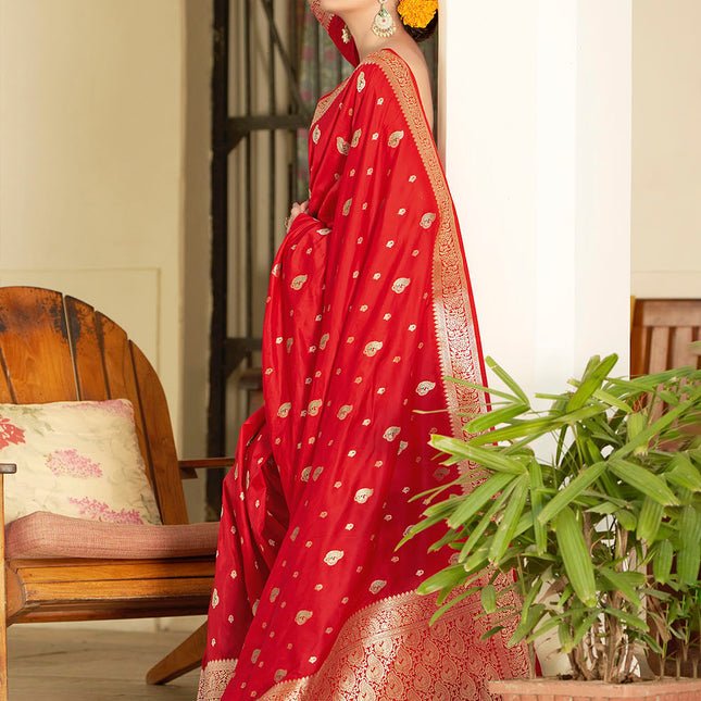 Hot Red Banarasi Silk Woven Butti Artwork Saree