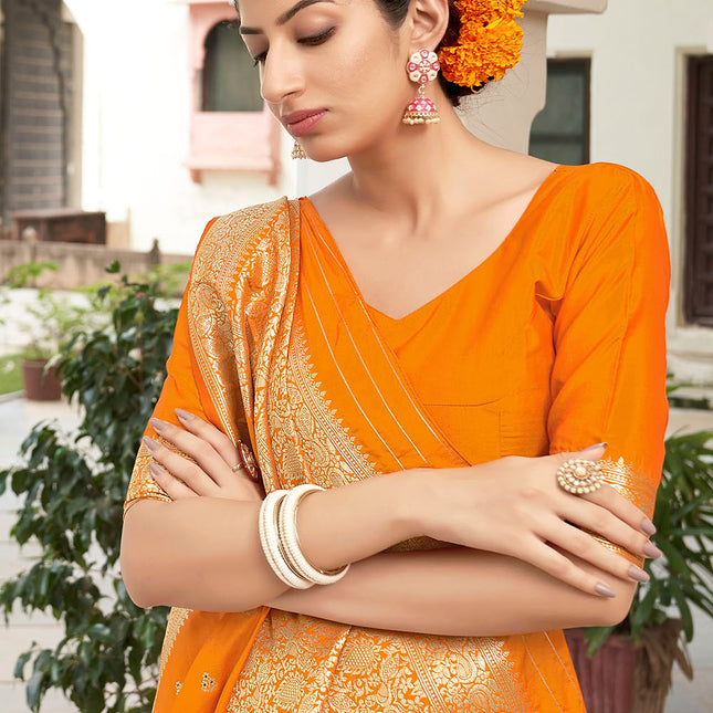 Tangy Orange Banarasi Silk Woven Butti Artwork Saree