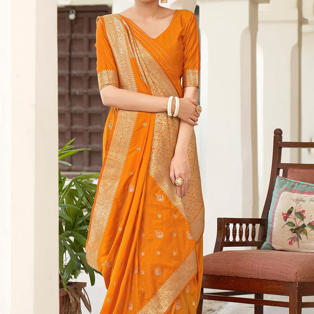 Tangy Orange Banarasi Silk Woven Butti Artwork Saree