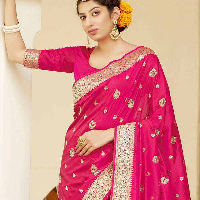 Magenta Pink Banarasi Silk Woven Butti Artwork Saree