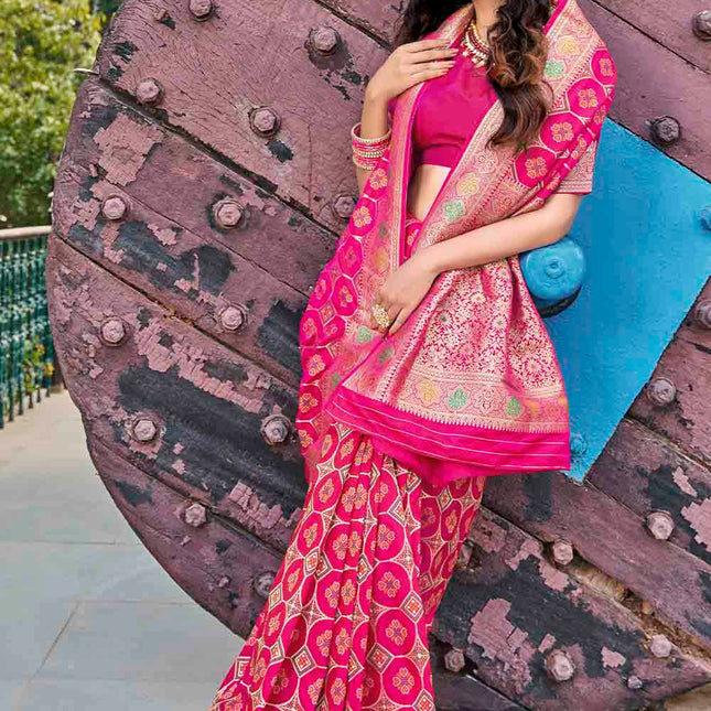 Opal Pink Wedding Zari Woven Soft Banarasi Silk Saree