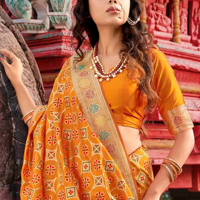 Tagy Orange Wedding Zari Woven Soft Banarasi Silk Saree