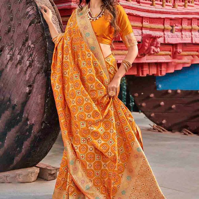 Tagy Orange Wedding Zari Woven Soft Banarasi Silk Saree