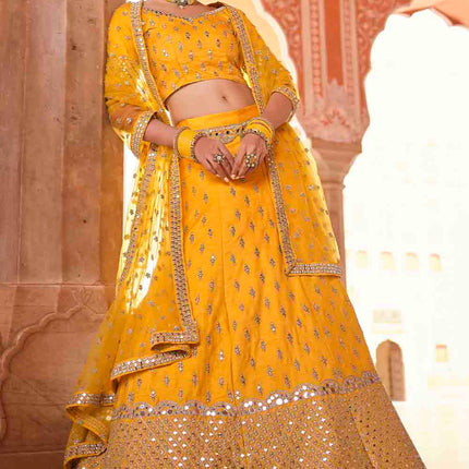 Sunny Yellow Art Silk Lehenga Choli with Mirror Work