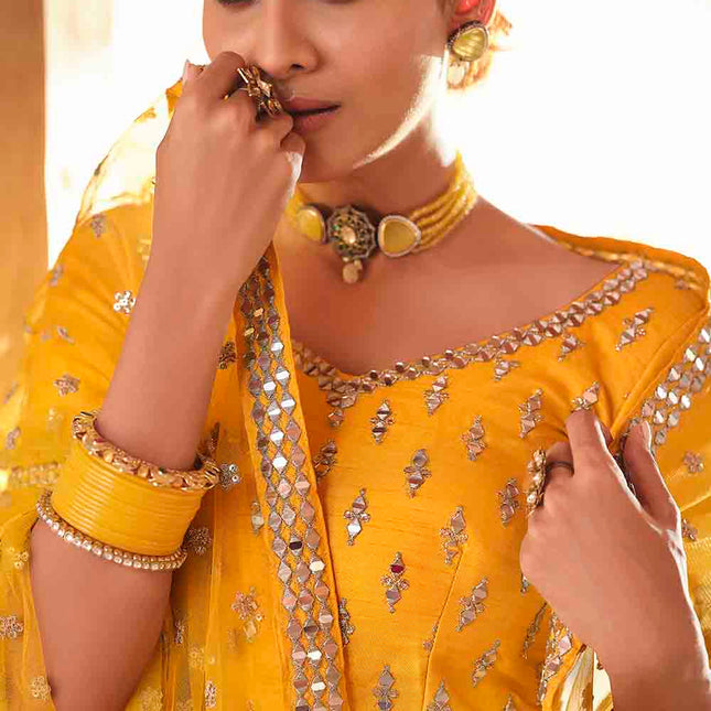 Sunny Yellow Art Silk Lehenga Choli with Mirror Work
