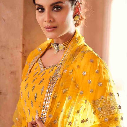 Sunny Yellow Art Silk Lehenga Choli with Mirror Work