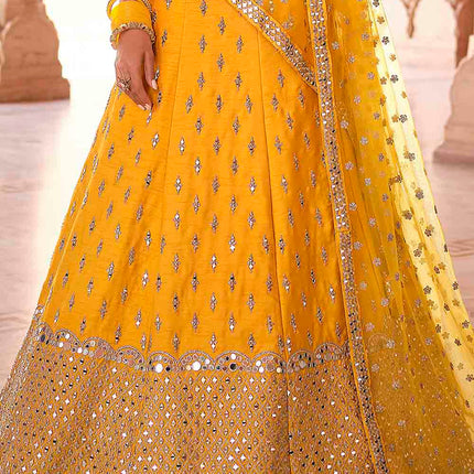 Sunny Yellow Art Silk Lehenga Choli with Mirror Work