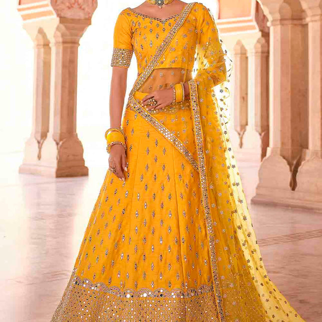 Sunny Yellow Art Silk Lehenga Choli with Mirror Work