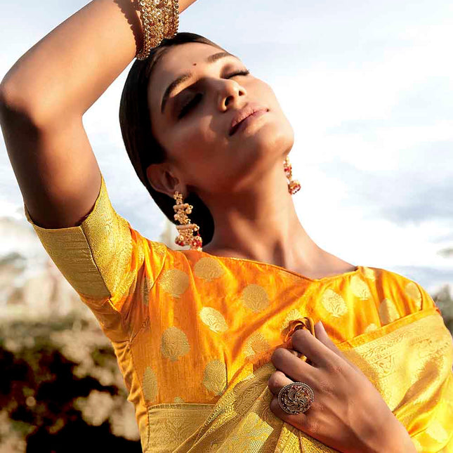 Sweet Yellow Woven Zari Design Stylish Banarasi Silk Saree