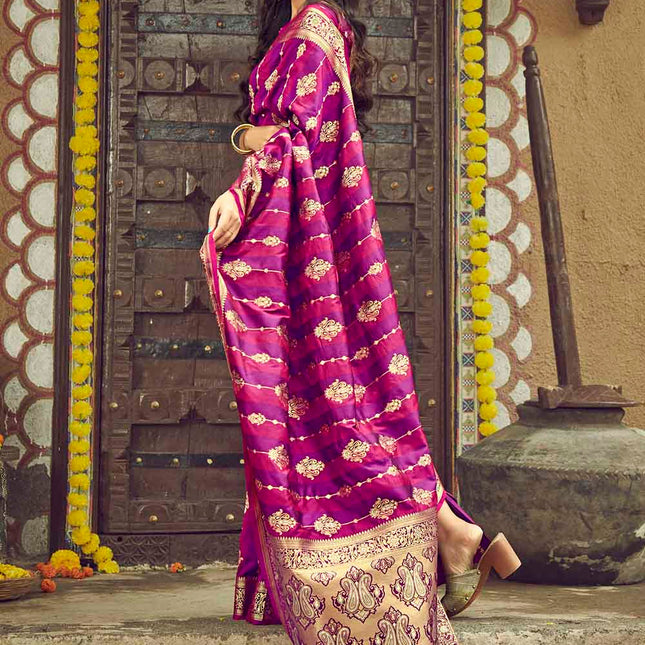 Pink & Purple Mix Woven Banarasi Silk Saree