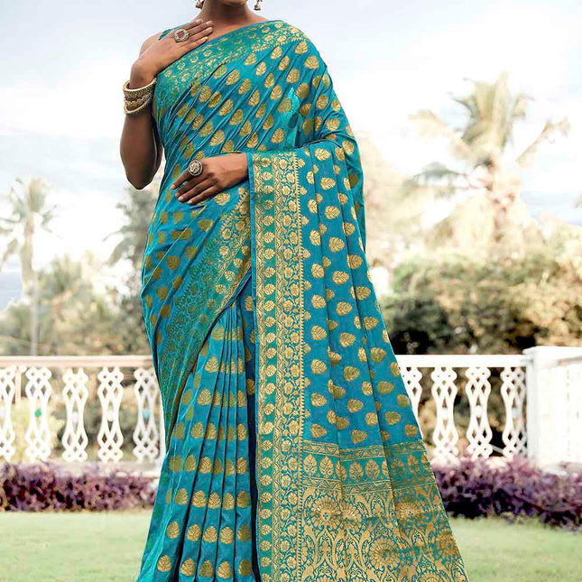 Sapphire Blue Woven Zari Design Stylish Banarasi Silk Saree