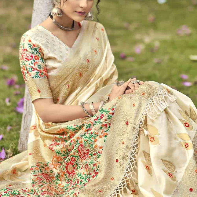 White Zari Woven Banarasi Silk Saree with Designer Pallu
