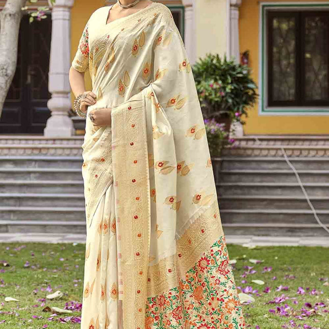 White Zari Woven Banarasi Silk Saree with Designer Pallu