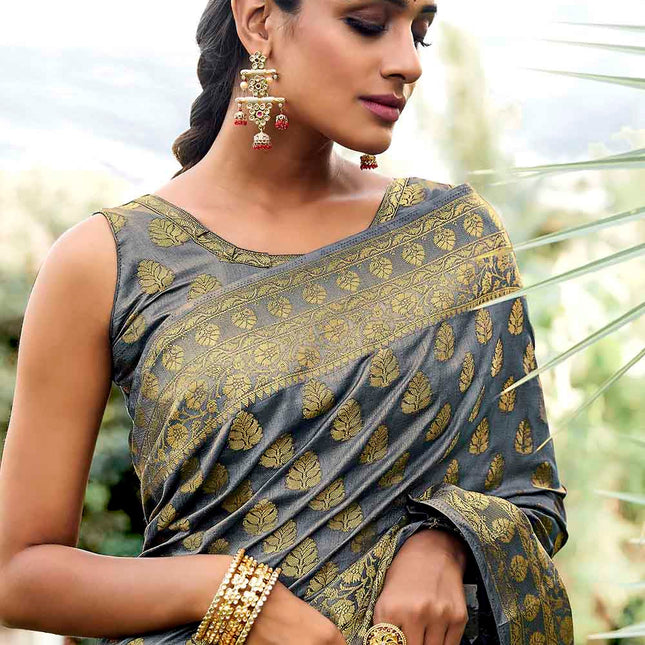 Gorgeous Grey Woven Zari Design Stylish Banarasi Silk Saree