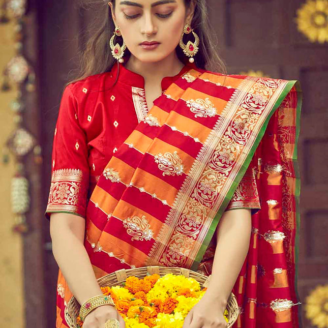 Tangerine Orange & Red Woven Banarasi Silk Saree