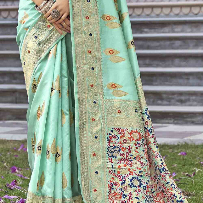 Coral Blue Zari Woven Banarasi Silk Saree with Designer Pallu