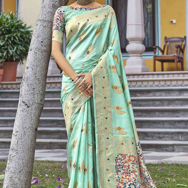Coral Blue Zari Woven Banarasi Silk Saree with Designer Pallu