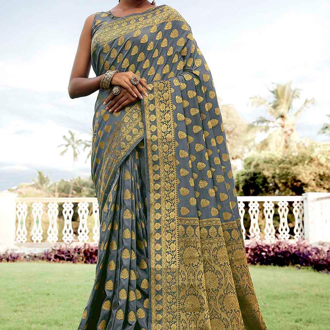 Gorgeous Grey Woven Zari Design Stylish Banarasi Silk Saree